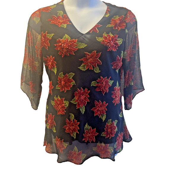 JMB Signature Blouse Top Womans Petites XL Floral Black 3/4 Sleeve Polyester - Picture 1 of 8